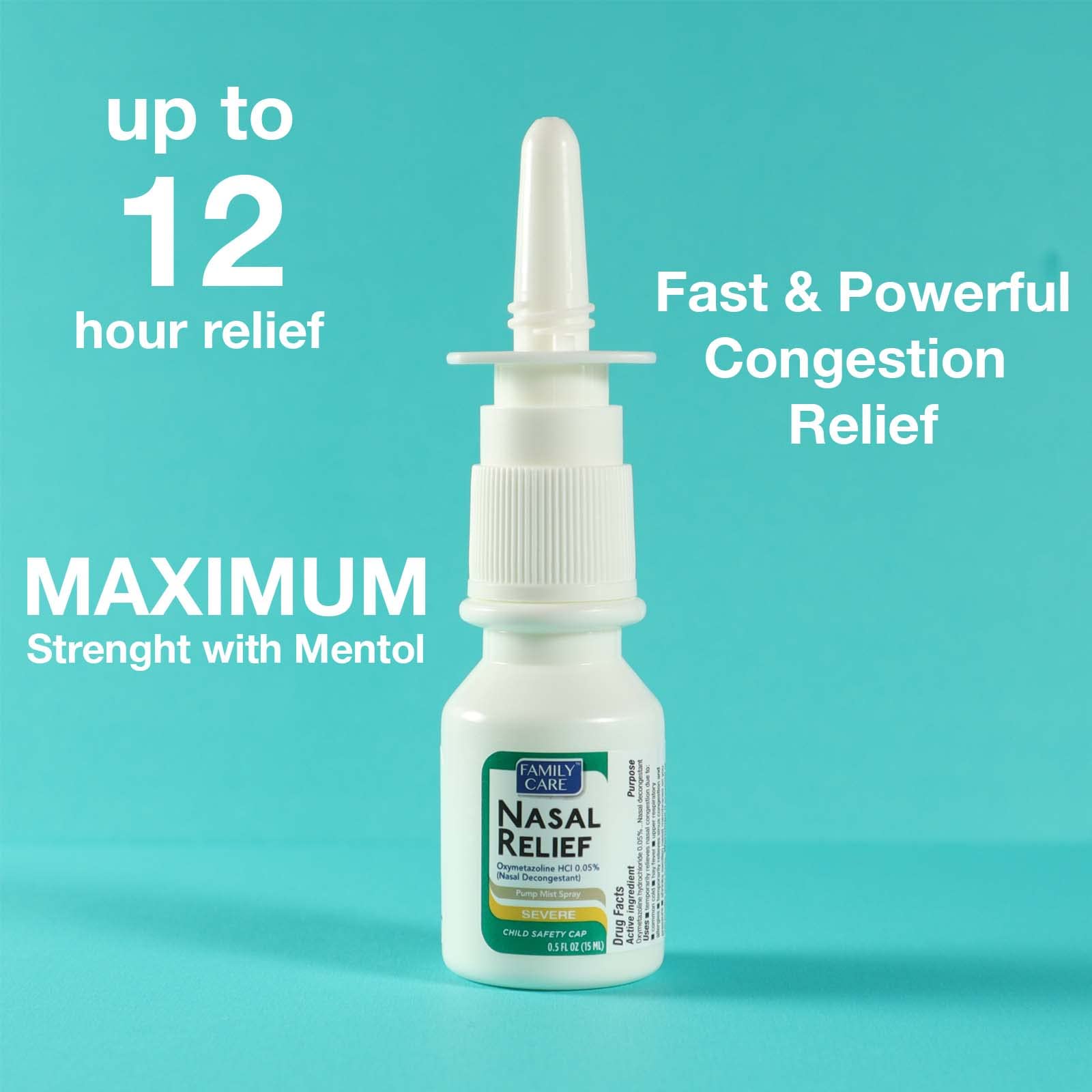 Family Care oxymetazoline HCI label emphasizes active ingredient for effective relief.