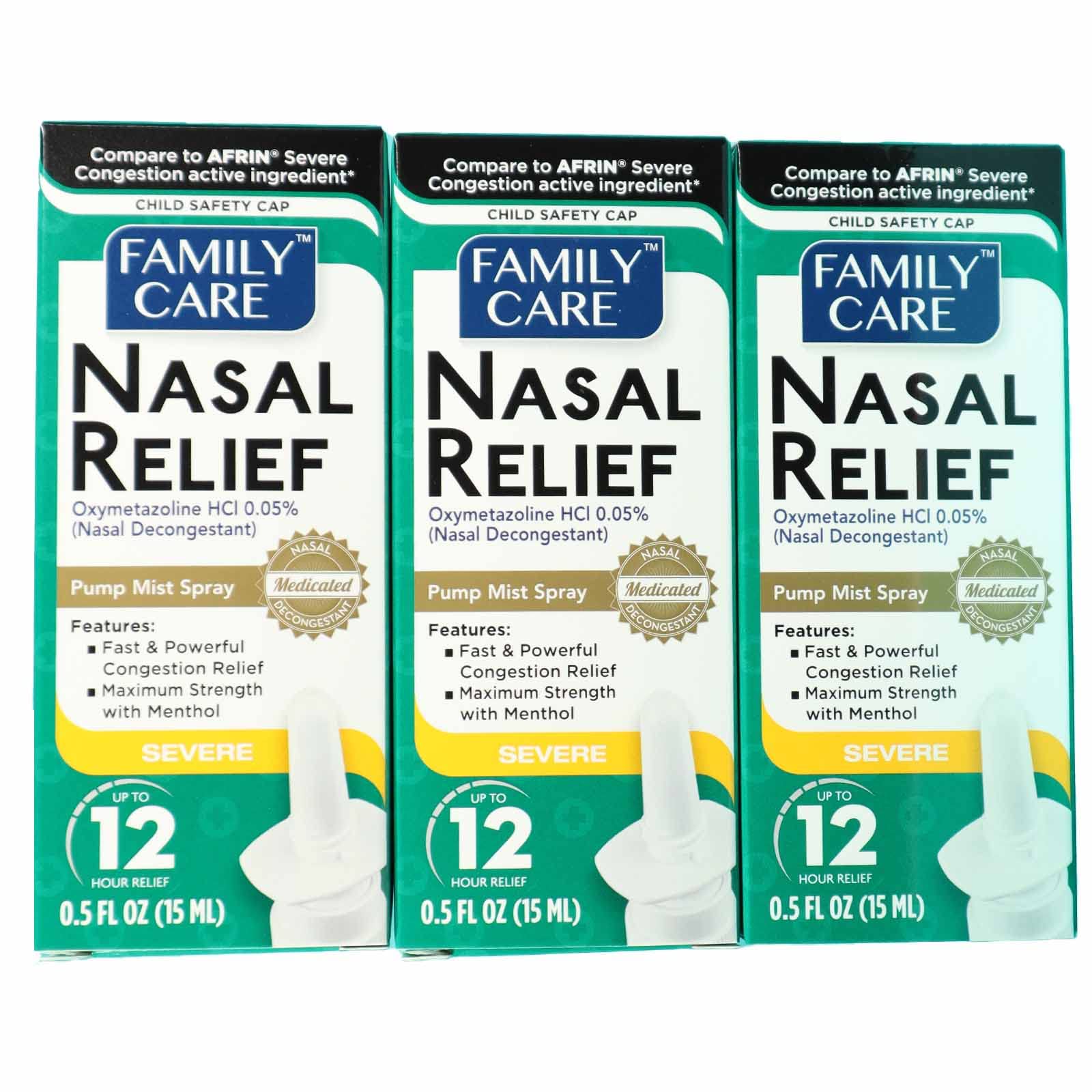 Family Care nasal relief spray pump mist demonstrates smooth, targeted delivery for quick congestion relief.