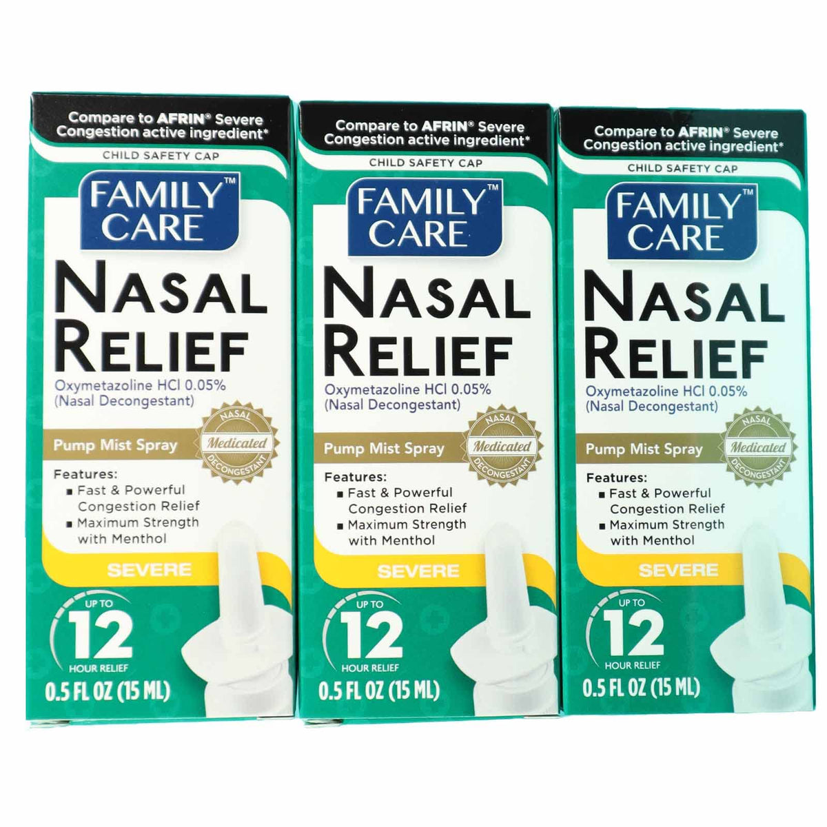 Family Care nasal relief spray pump mist demonstrates smooth, targeted delivery for quick congestion relief.