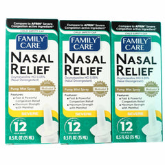 Family Care nasal relief spray pump mist demonstrates smooth, targeted delivery for quick congestion relief.