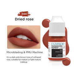 Close-up of FAMISOO PMU lip pigment rose being mixed for a custom shade.