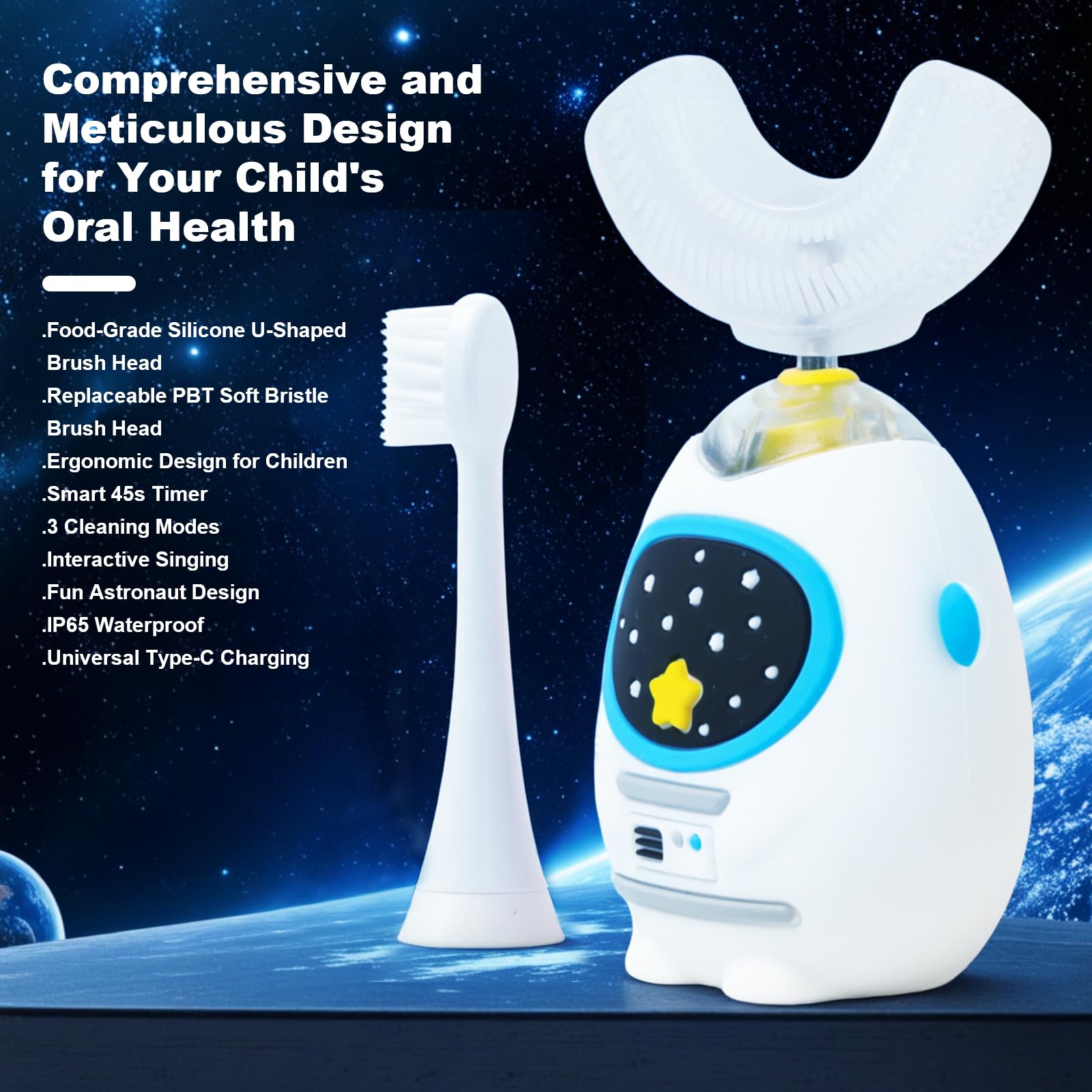 Children brushing in a bathroom with the U-shaped toothbrush