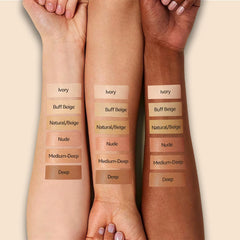 Fanterday routine: stamp, pat, powder, and spray for lasting wear.