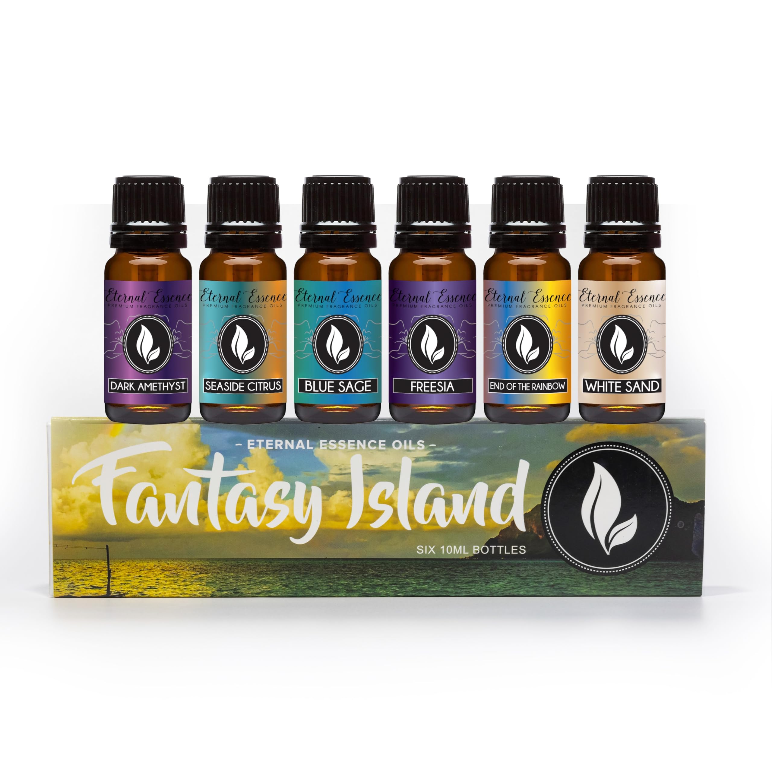 Fantasy Island Set of six 10ml amber glass fragrance oil bottles with droppers