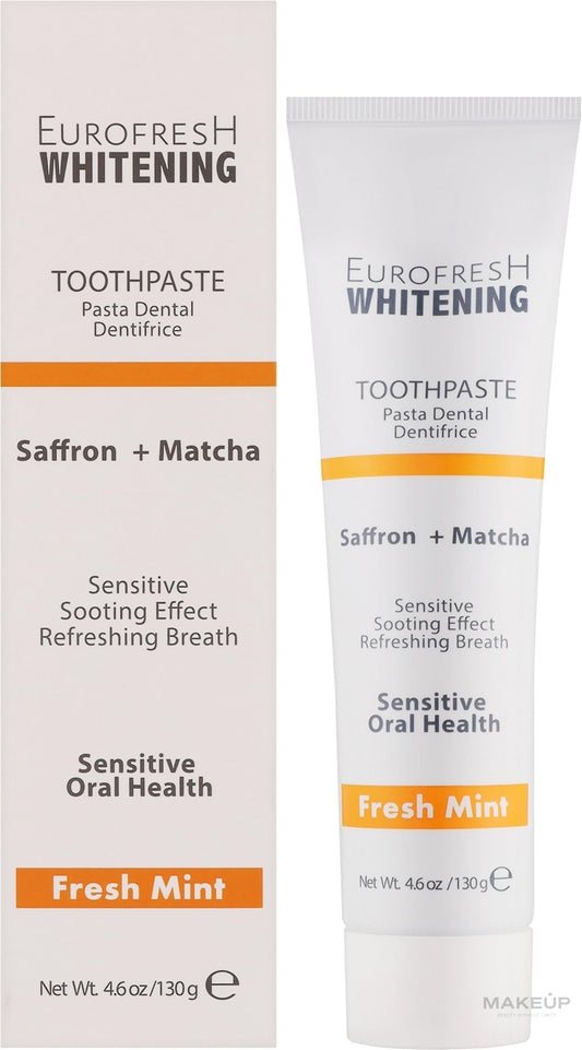 Close-up of whitening toothpaste texture with matcha and saffron