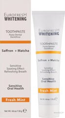 Close-up of whitening toothpaste texture with matcha and saffron