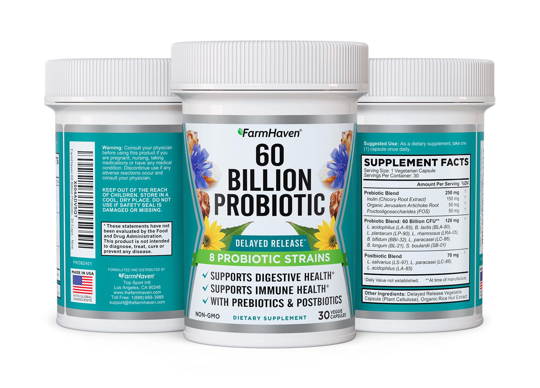 Label highlighting 8 probiotic strains including L. acidophilus and B. lactis
