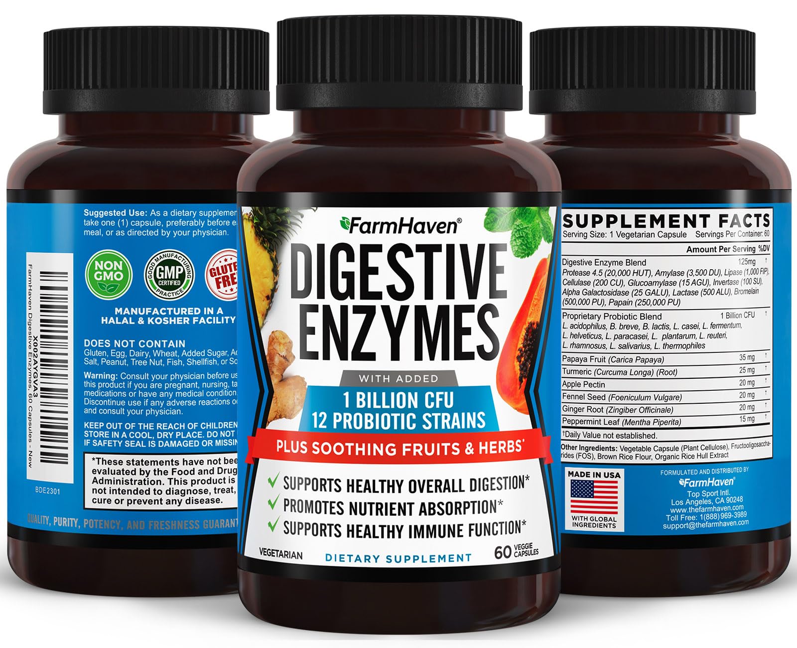 Close-up of FarmHaven Digestive Enzymes label showing 18 probiotics and enzymes