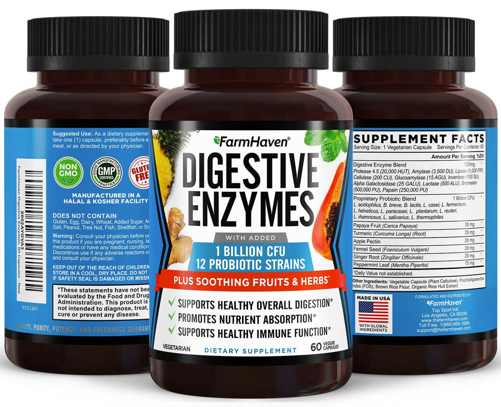 Close-up of FarmHaven Digestive Enzymes label showing 18 probiotics and enzymes