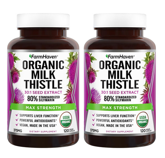 Bottle of FarmHaven Organic Milk Thistle Capsules with label