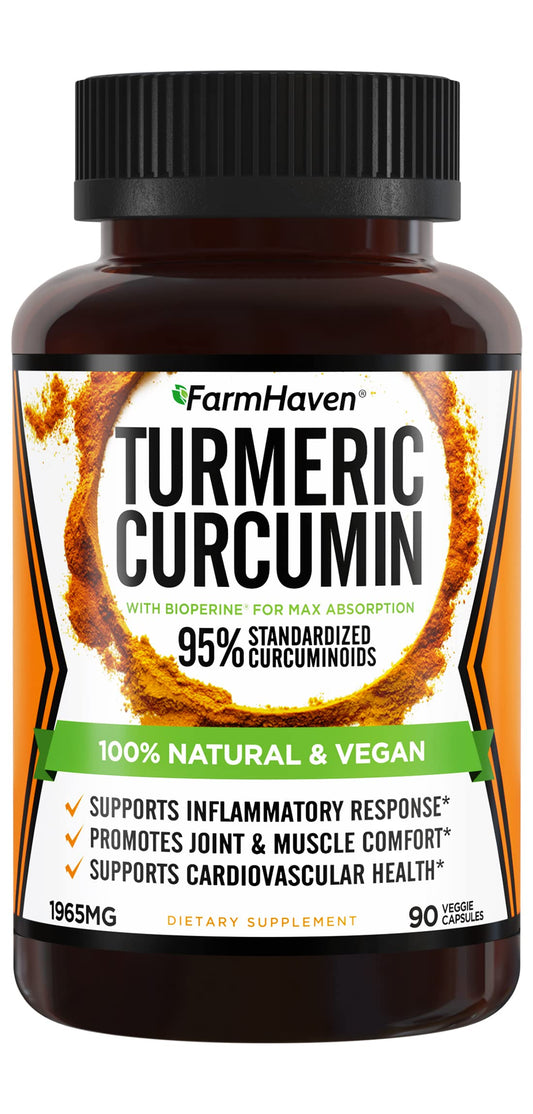 FarmHaven Turmeric Curcumin bottle with 90 vegan capsules - front view