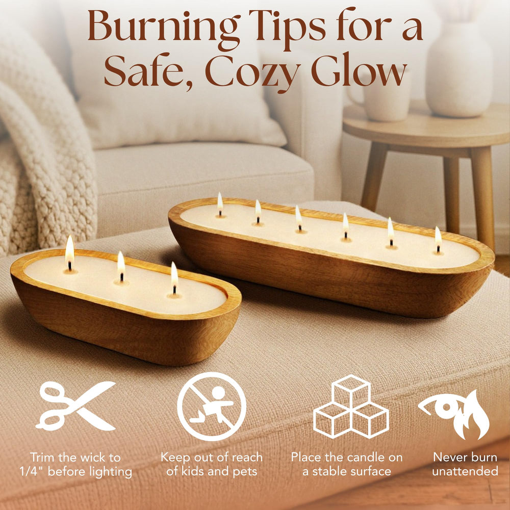 Rustic dough bowl candle displayed as farmhouse decor on a coffee table