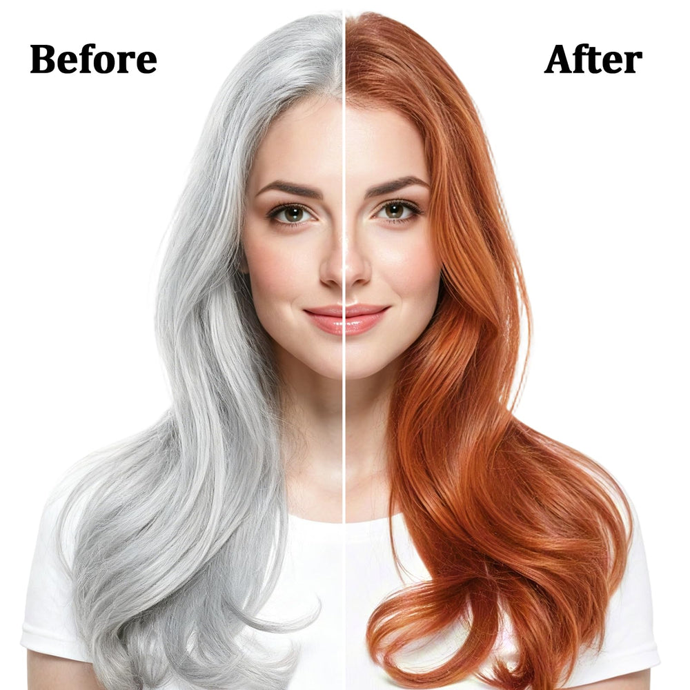 Farndu gray-hair-coverage result showing even copper brown shade