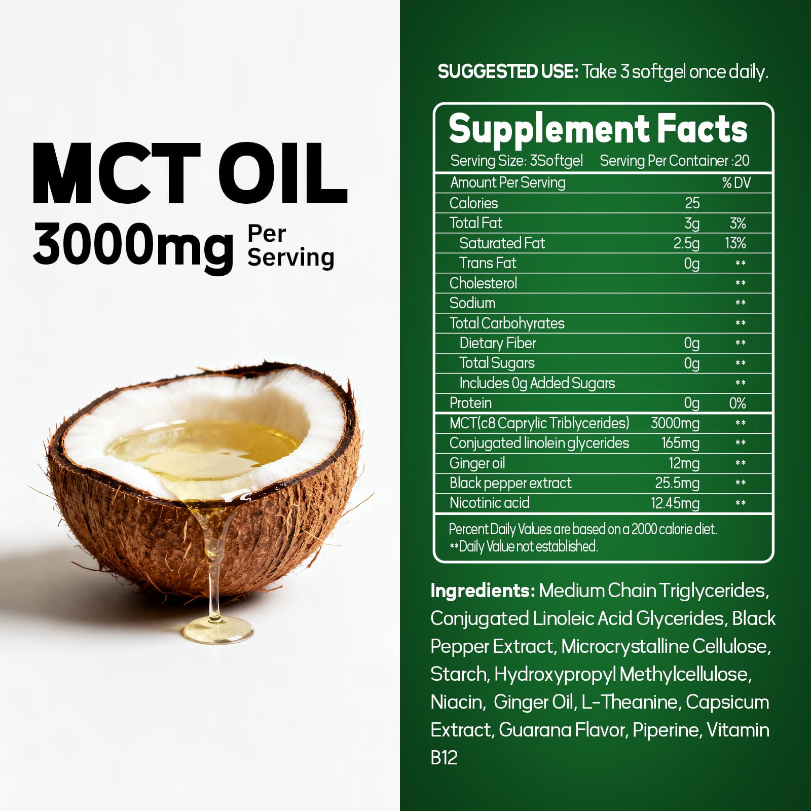 Close-up of 3,000 mg MCT oil softgels