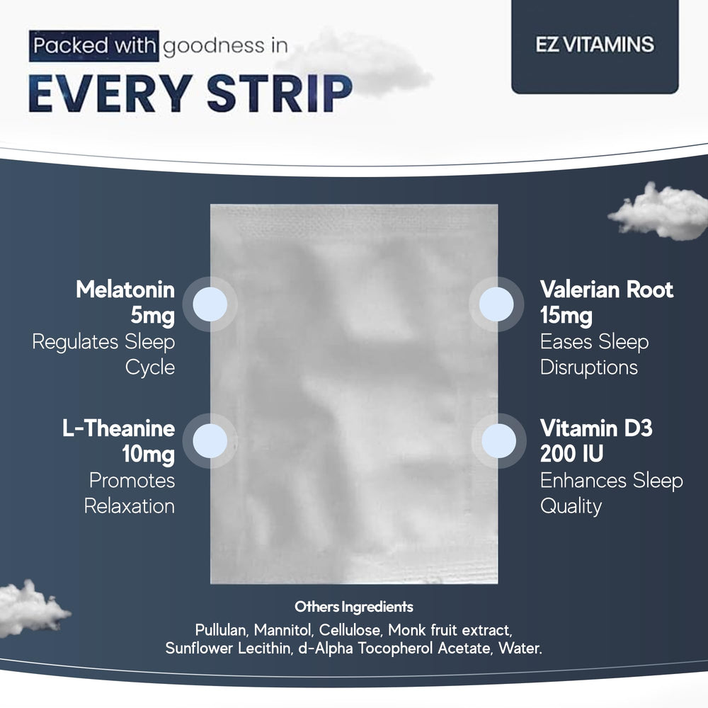 Fast-acting tongue-dissolving sleep strips for quick absorption.