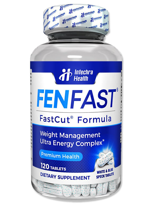 FASTCUT diet pills bottle with 120 white and blue tablets – front view
