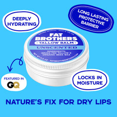 Fat Brothers Tallow Balm unscented tin offers fragrance-free lip protection.