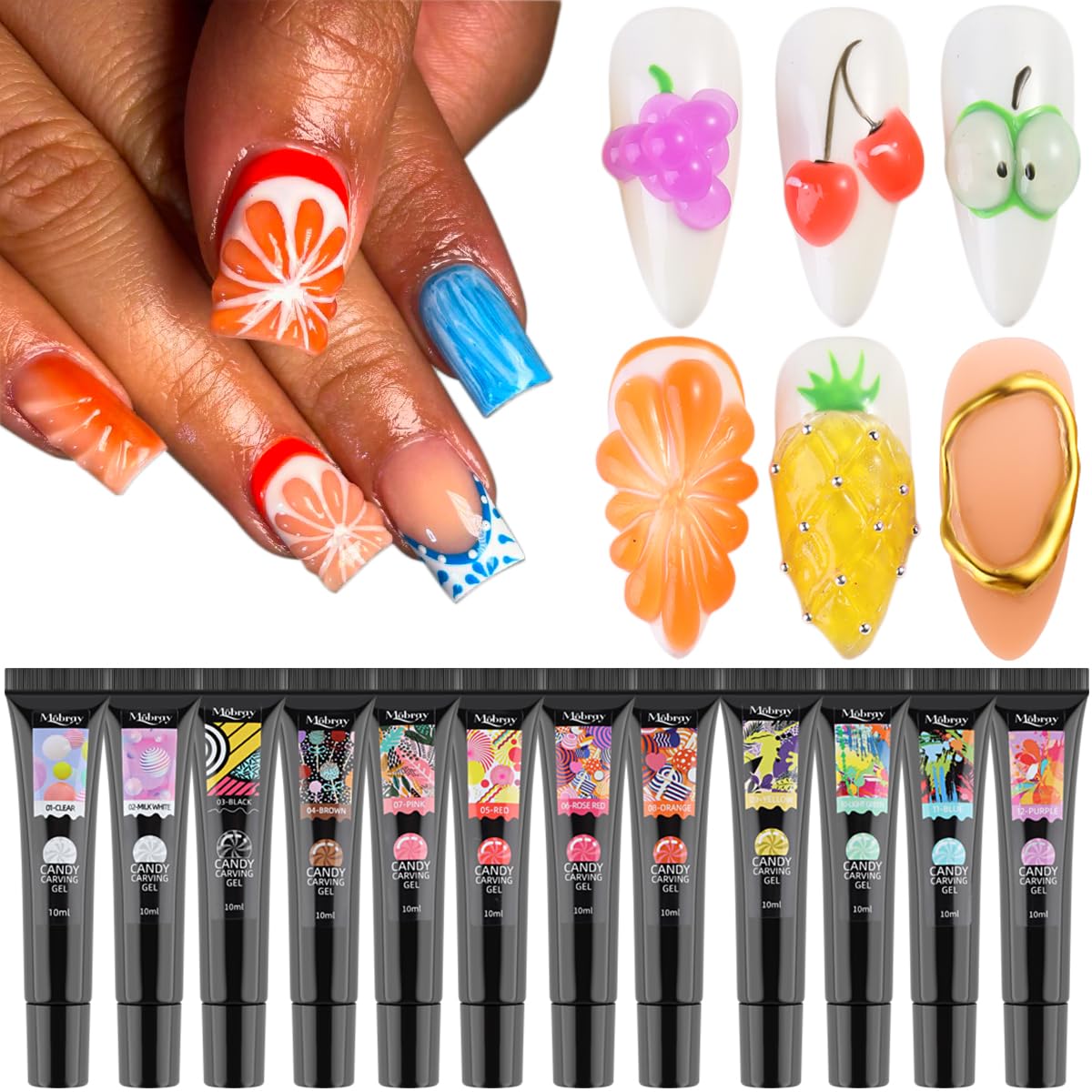 Fcozpjk 12-color gel swatches showing neutral and bright shades for nail art.