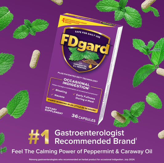 FDgard capsules closeup highlights easy premeal intake for stomach comfort.