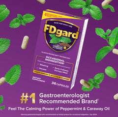 FDgard capsules closeup highlights easy premeal intake for stomach comfort.