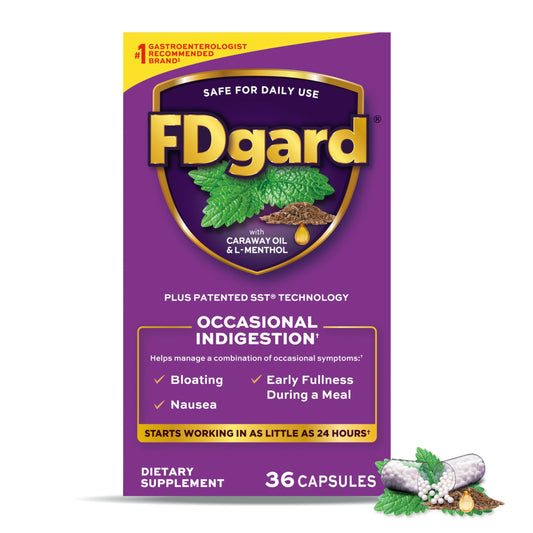 FDgard gut health supplement bottle supports occasional indigestion before meals.
