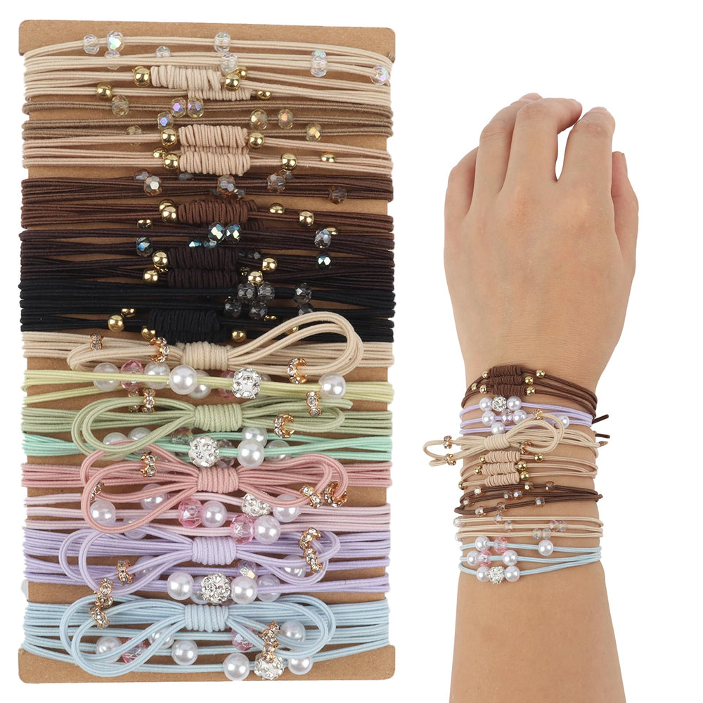 FECASIMY boho hair ties bracelet on wrist, stylish quick-styling accessory.