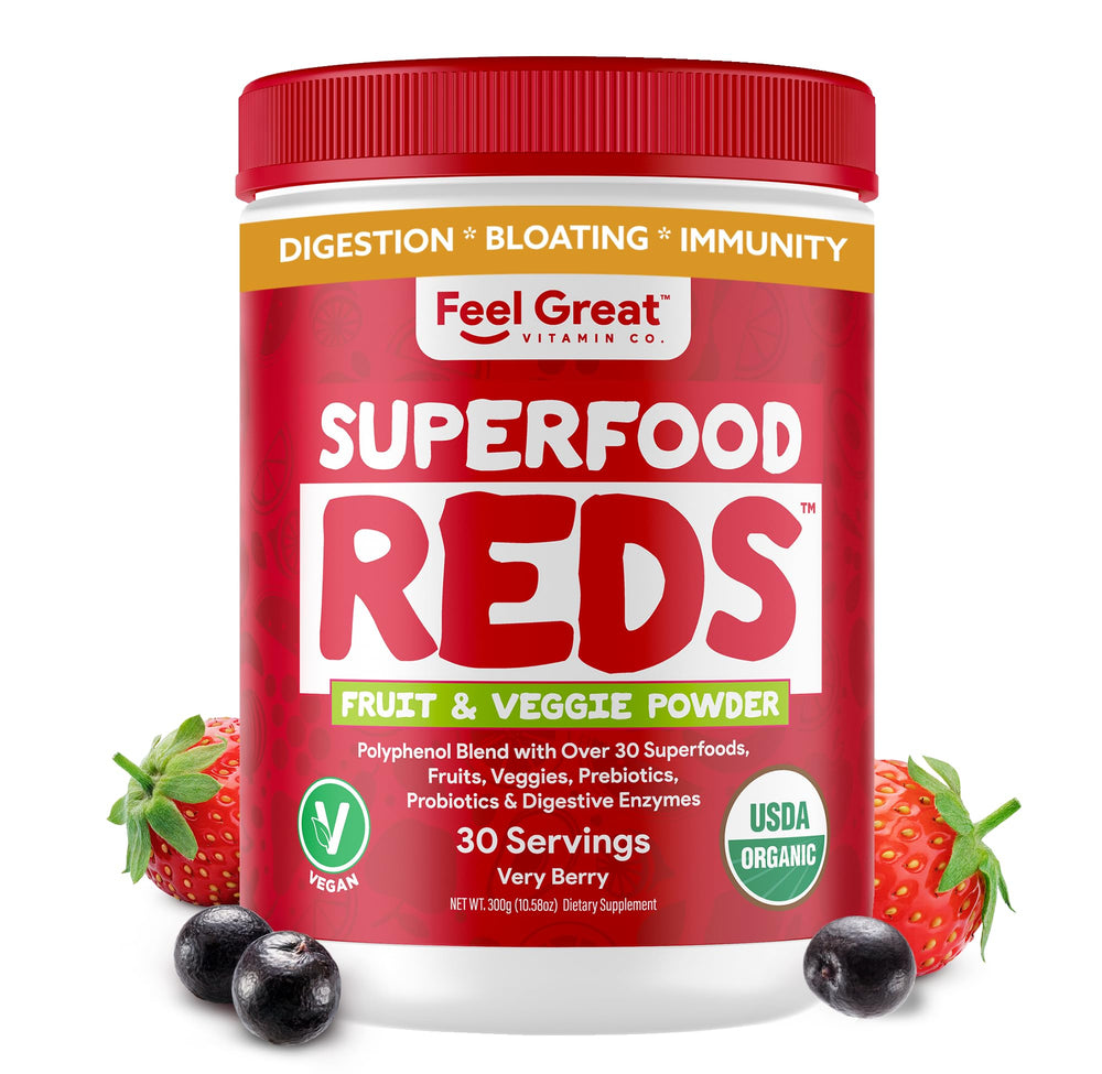 Front view of Feel Great Organic Superfood Reds Powder bottle