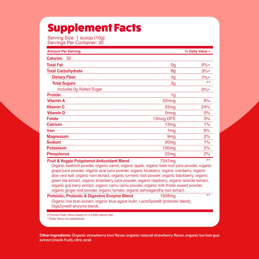 Digestive enzymes and probiotics included to complement polyphenol-rich nutrition.