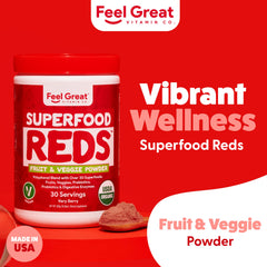 Feel Great Reds powder in a shake, supports natural energy and digestion.