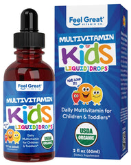 Front view of Feel Great Vitamins Organic Multivitamin Liquid Drops bottle for toddlers