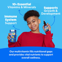 Label highlighting organic ingredients and essential vitamins A, C, D3, E, and B-complex