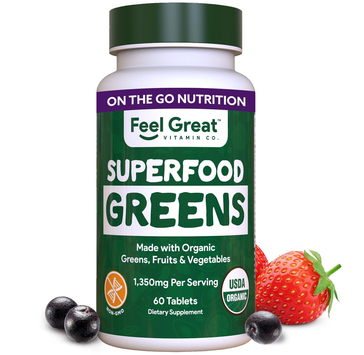 Front view of Feel Great Vitamins Super Greens Tablets bottle