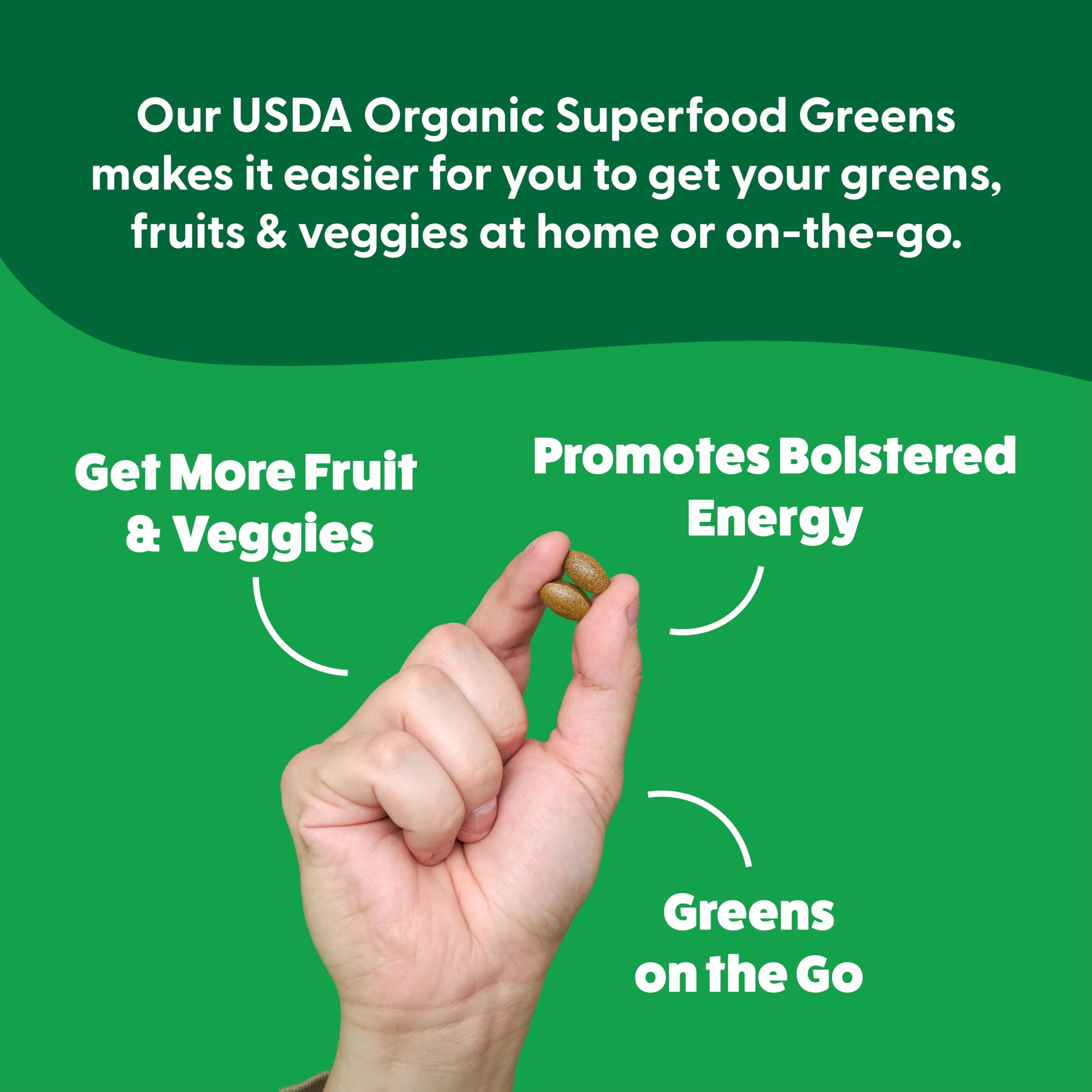 Bottle label emphasizing organic greens and fruits