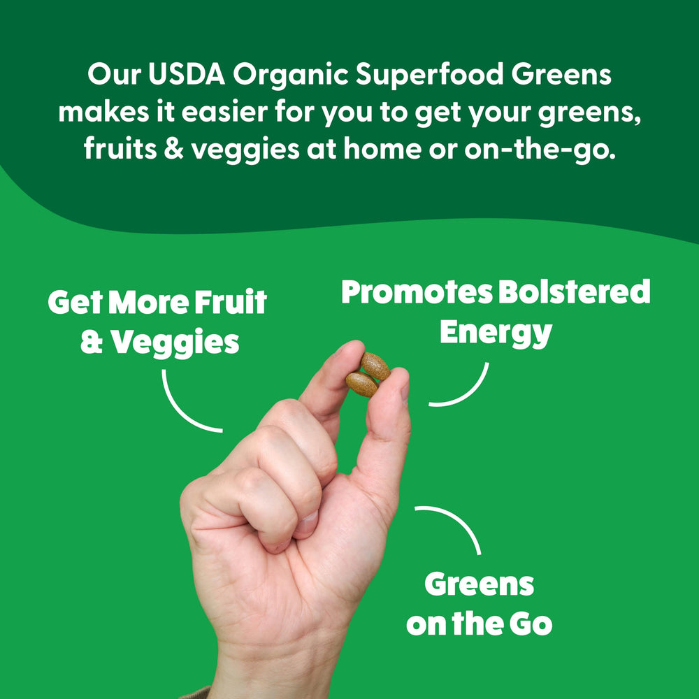 Bottle label emphasizing organic greens and fruits