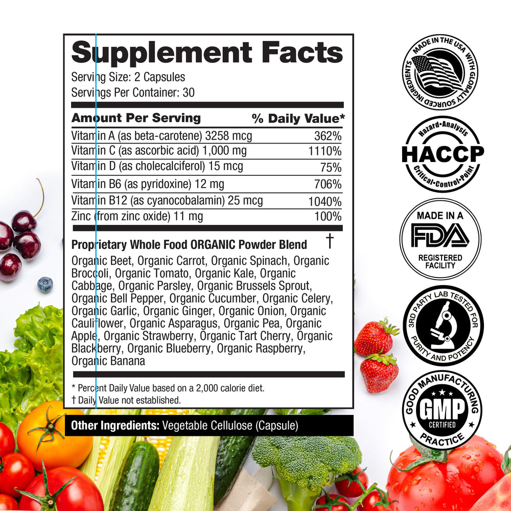Ingredients: 25 organic fruits and vegetables in capsules