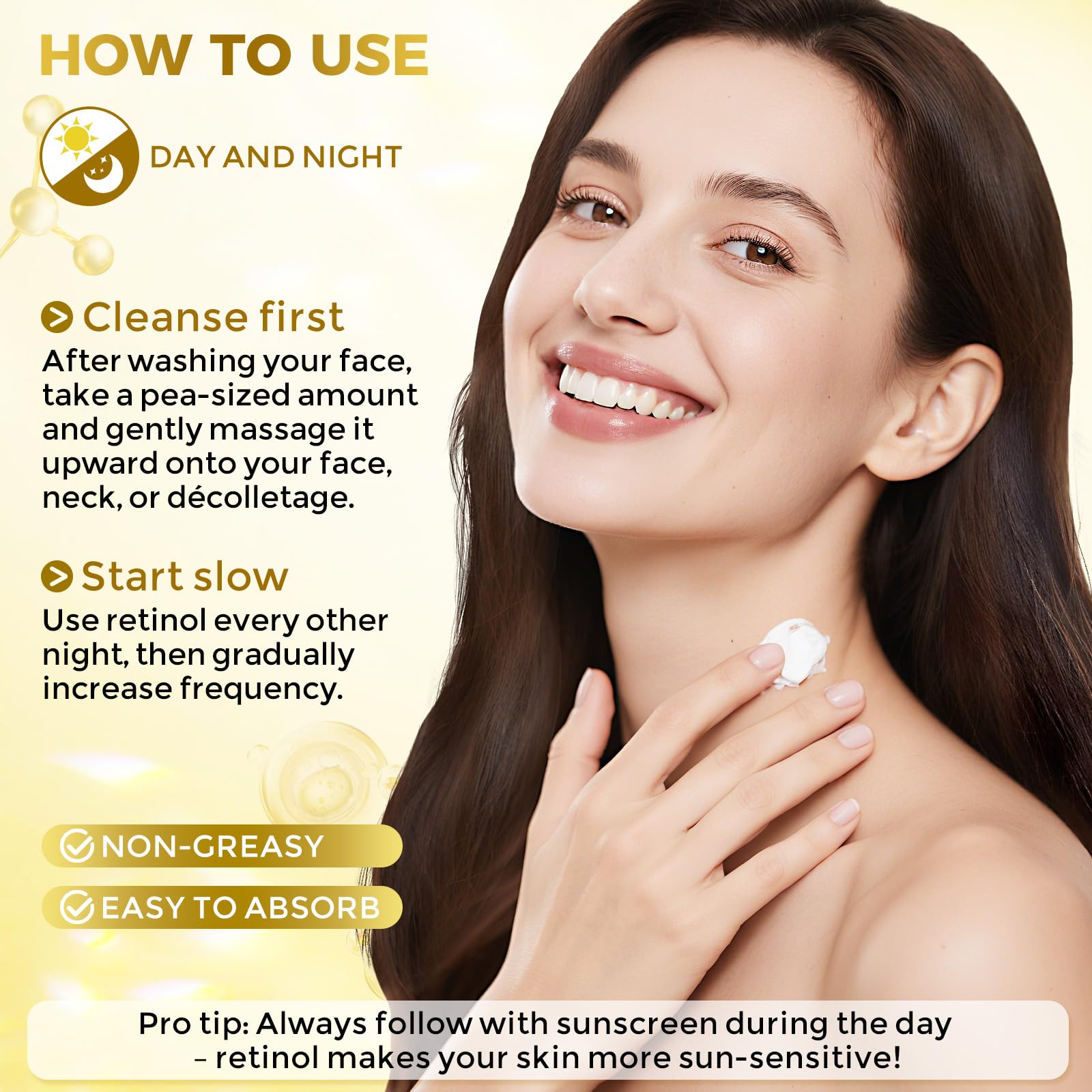 FeeMeFee day and night cream applied to neck and décolletage for continuous hydration.