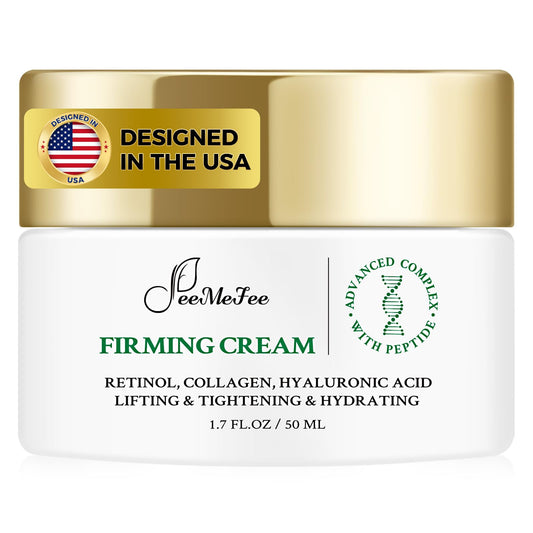 FeeMeFee neck firming cream tube closeup showing smooth, firming texture.