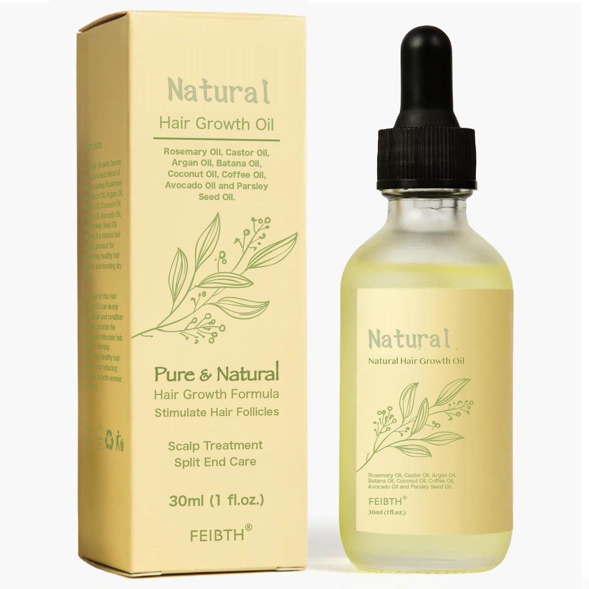 FEIBTH natural hair growth oil bottle with batana and rosemary for healthy shine.
