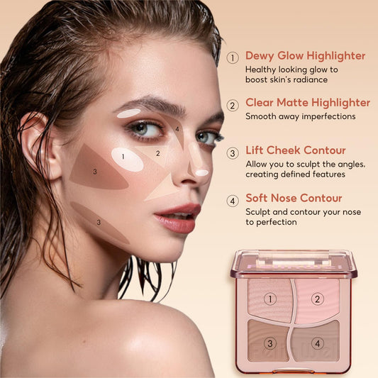 FelinWel Highlight Contour Palette swatches show matte bronzer and silky highlighter for versatile looks.