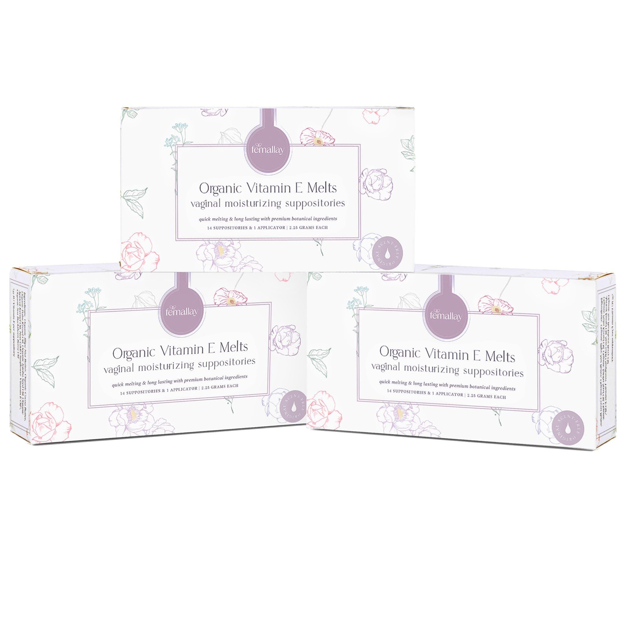 Femallay vaginal melts packaging front for discreet, hydrating intimate care.