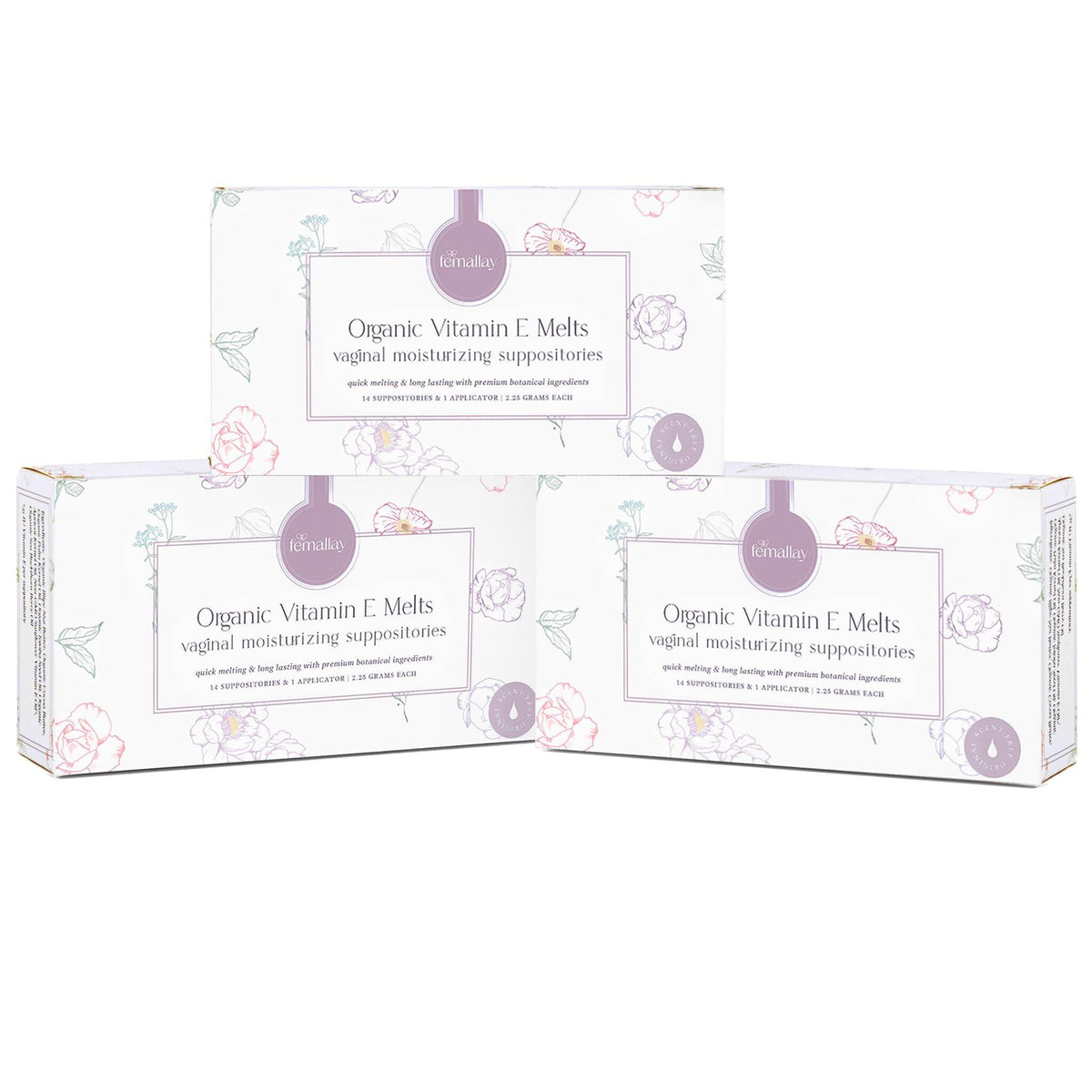 Femallay vaginal melts packaging front for discreet, hydrating intimate care.