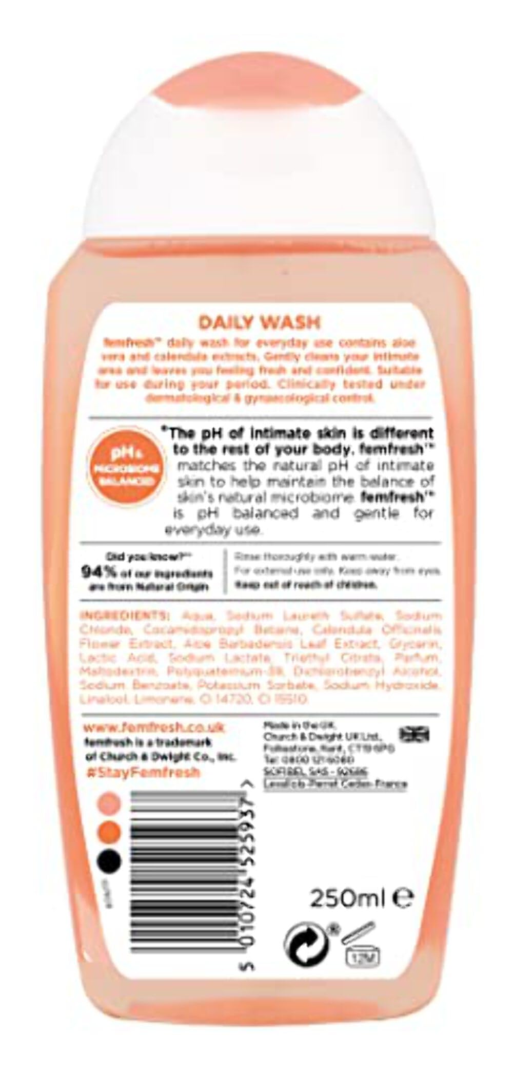 250ml Femfresh bottle with pump enables easy, hygienic application.