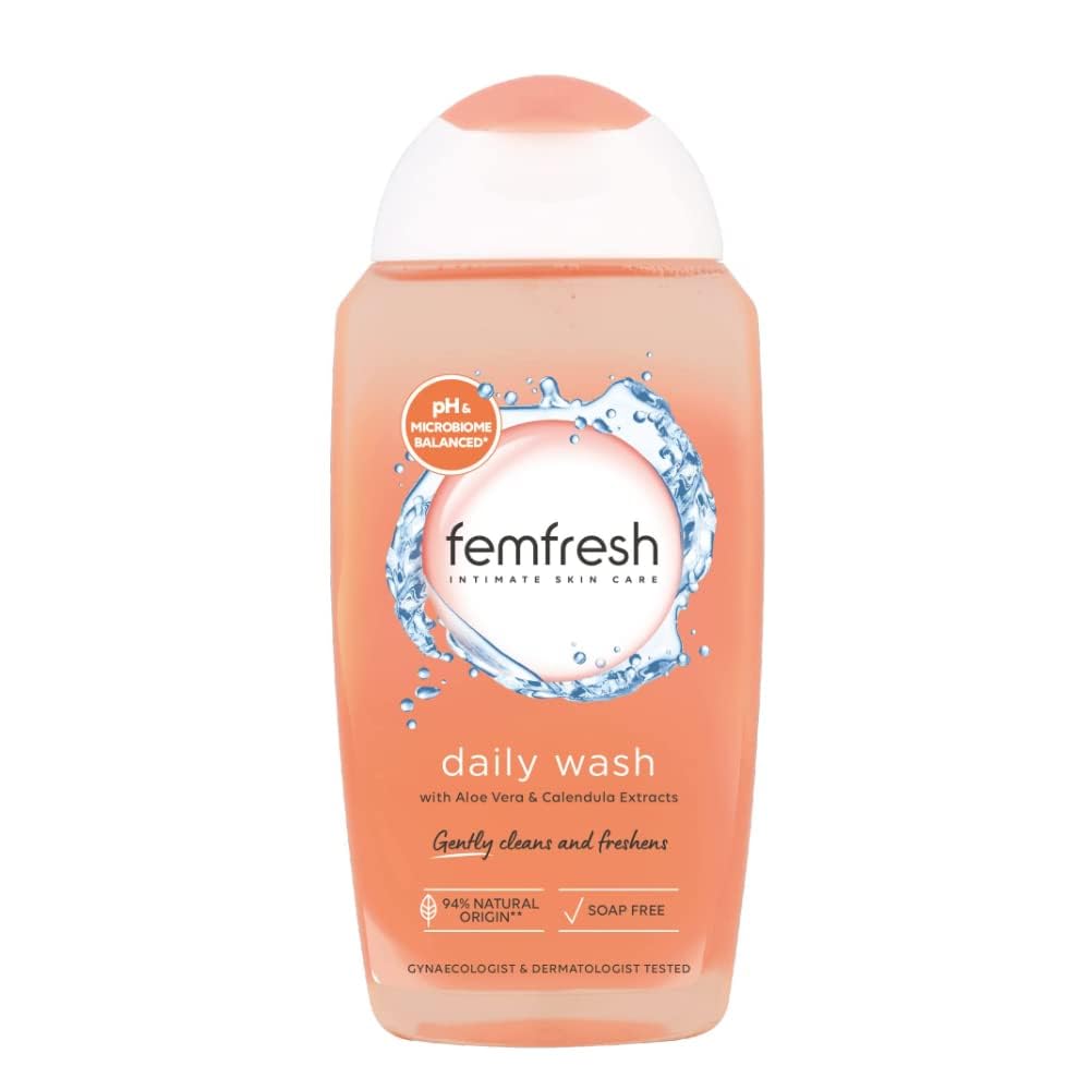 Femfresh daily intimate wash bottle demonstrates gentle, pH-balanced care in a 250ml pack of six