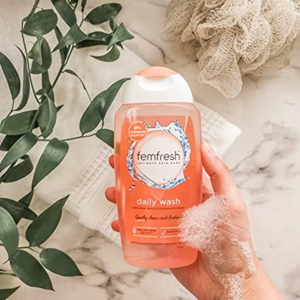 Hypoallergenic Femfresh wash emphasizes skin-safe, daily cleansing.
