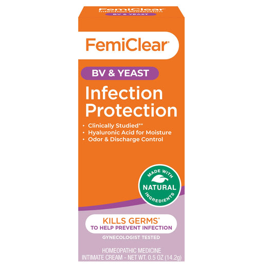 FemiClear cream bottle closeup highlights infection protection for intimate care.