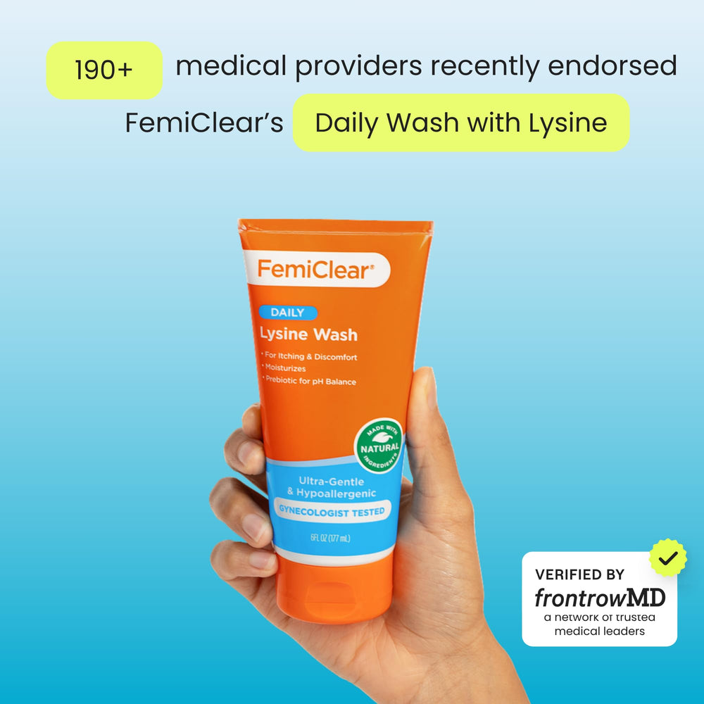 FemiClear lysine and lemon balm ingredients panel emphasizes soothing naturals.