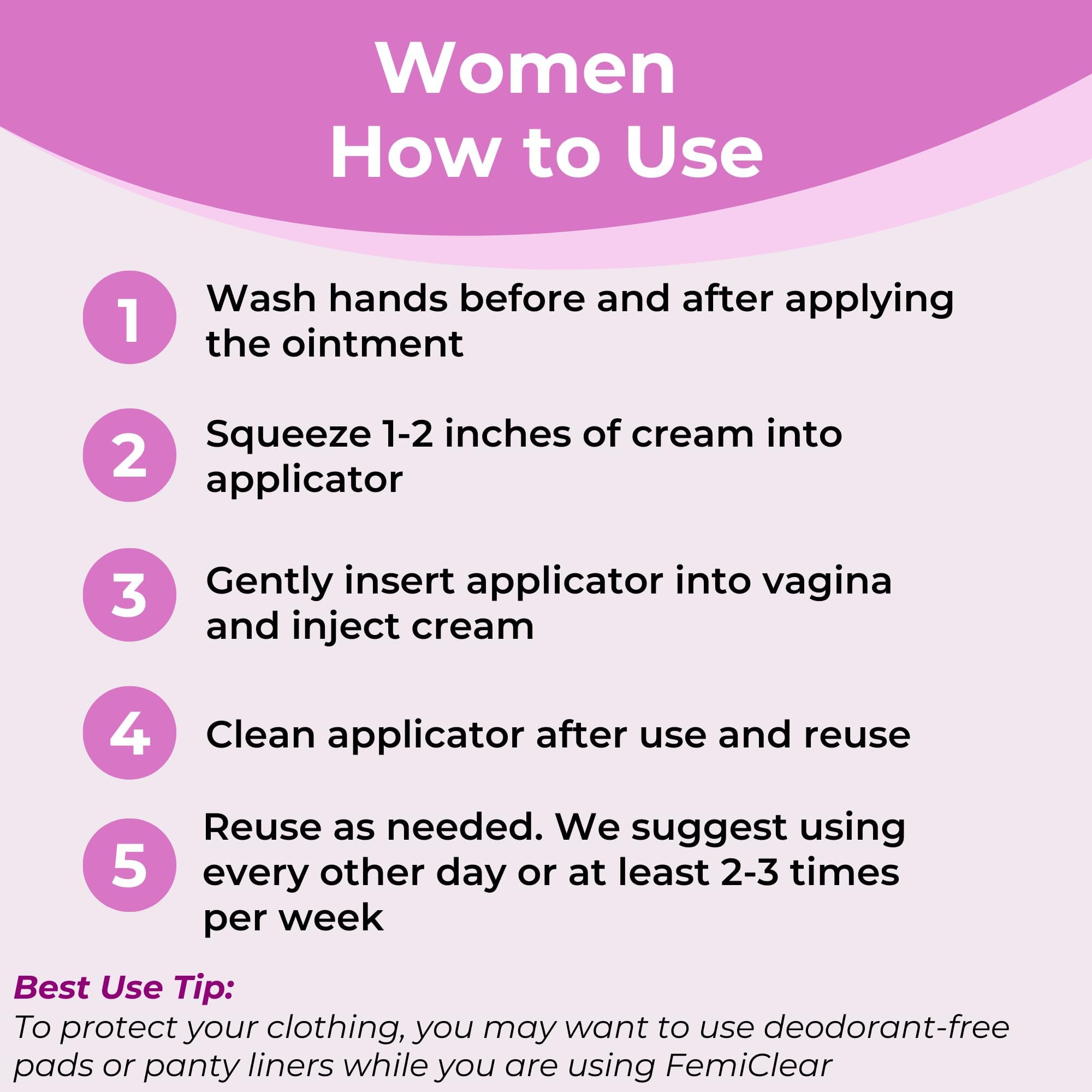 FemiClear panty-liner-use image shows clothing protection reminder.
