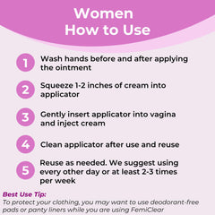 FemiClear panty-liner-use image shows clothing protection reminder.