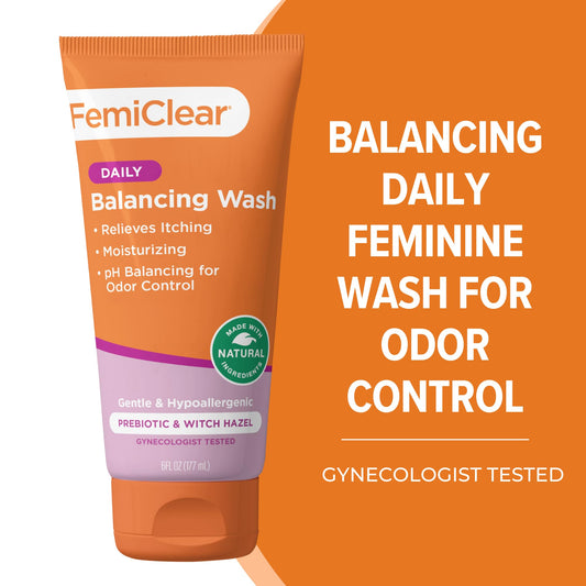 FemiClear soothing daily wash packaging highlights fragrance-free formula for irritation-prone skin