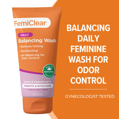 FemiClear soothing daily wash packaging highlights fragrance-free formula for irritation-prone skin